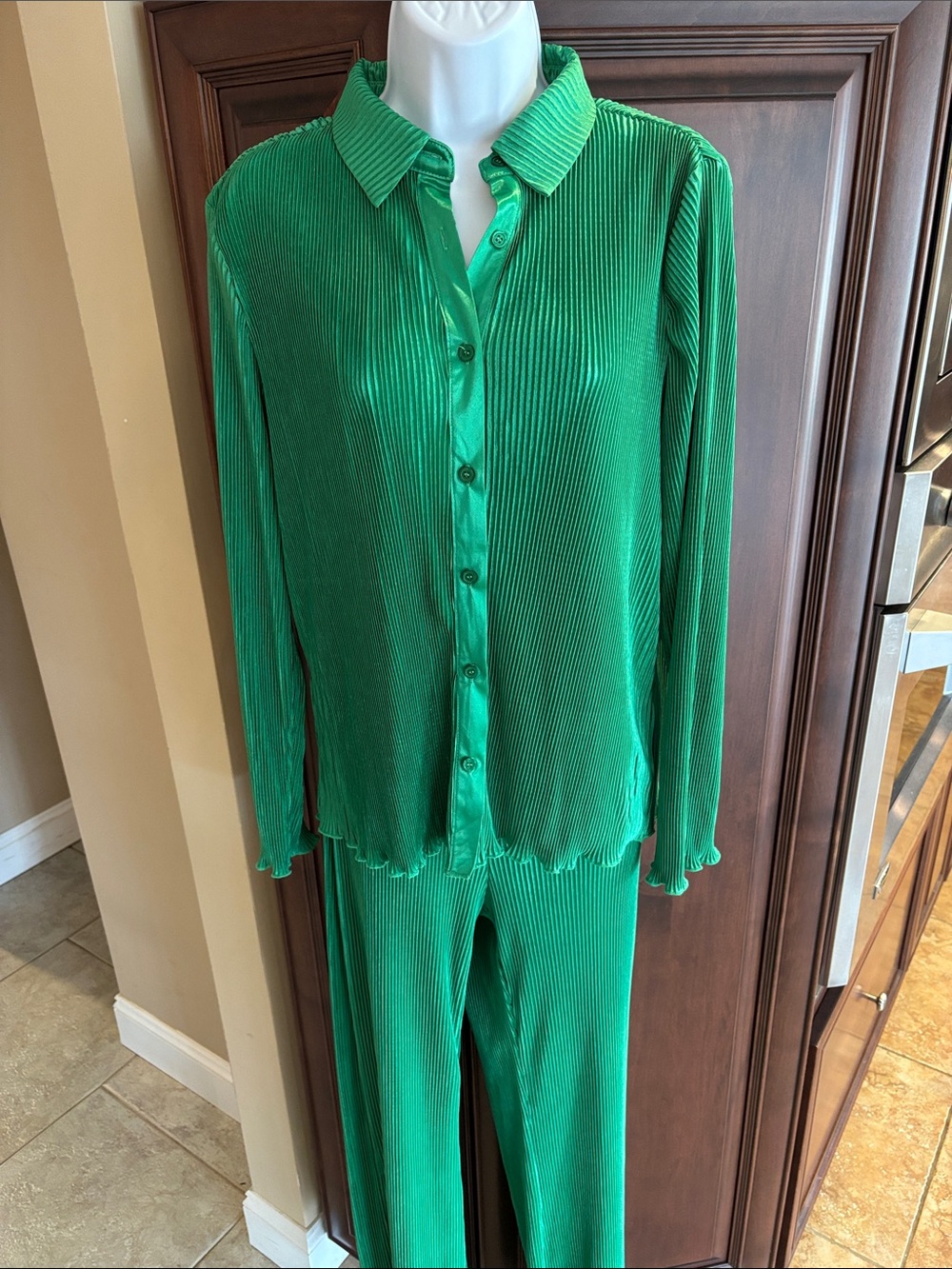 Better Be Green Pleated Button-Front Top & Wide-Leg Pants Set
